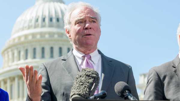 Sen. Tim Kaine, D-Va., speaks at a news conference regarding President Donald Trump's pending tariffs on Canada at the Capitol on Tuesday, April 1, 2025, in Washington.