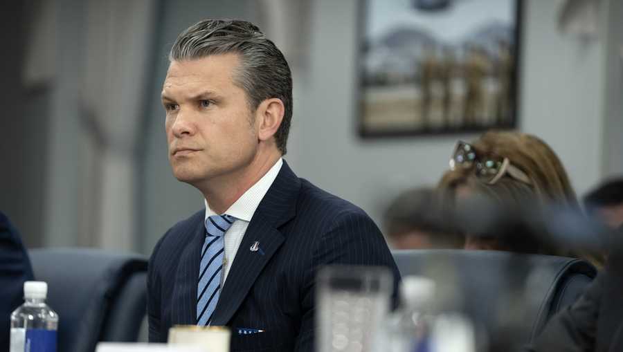 Secretary of Defense Pete Hegseth listens during a meeting with Peru&apos;s Foreign Affairs Minister Elmer Schialer and Peru&apos;s Minister of Defense Walter Astudillo at the Pentagon, Monday, May 5, 2025, in Washington. (AP Photo/Mark Schiefelbein)