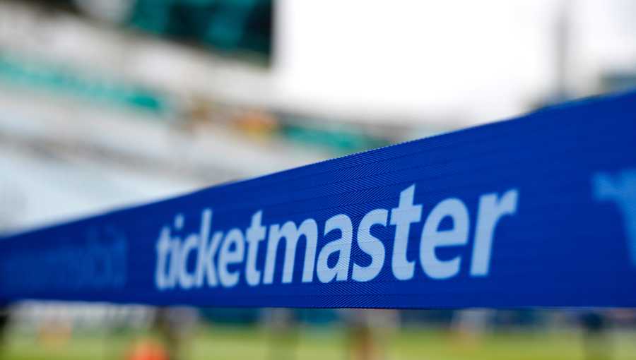 FILE - An advertisement for Ticketmaster is viewed along an area reserved for special guests on the sideline of the field before an NFL football game, Sunday, Sept. 15, 2024, in Jacksonville, Fla. (AP Photo/Phelan M. Ebenhack, file)