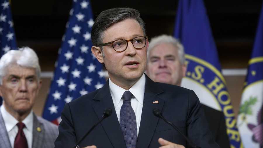 Speaker of the House Mike Johnson, R-La., speaks during a news conference at the Capitol, Tuesday, May 6, 2025, in Washington. (AP Photo/Rod Lamkey, Jr.)