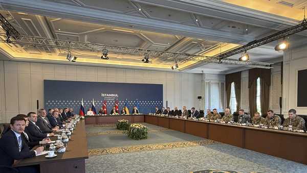 In this photo released by the Ukrainian Ministry of Defense, Russian and Ukrainian delegations attend talks at the Ciragan Palace in Istanbul, Turkey, Monday, June 2, 2025.