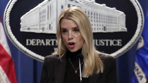 FILE - Attorney General Pam Bondi speaks at a news conference at the Justice Department, Feb. 12, 2025, in Washington. (AP Photo/Ben Curtis, File)