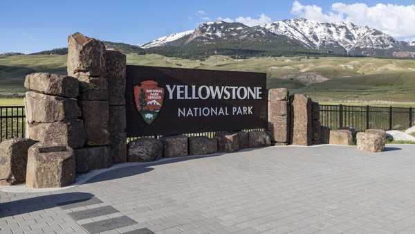 FILE - This photo provided by the National Park Service shows a sign marking the north entrance of Yellowstone National Park, May 7, 2018. (Jacob W. Frank/National Park Service via AP, File)