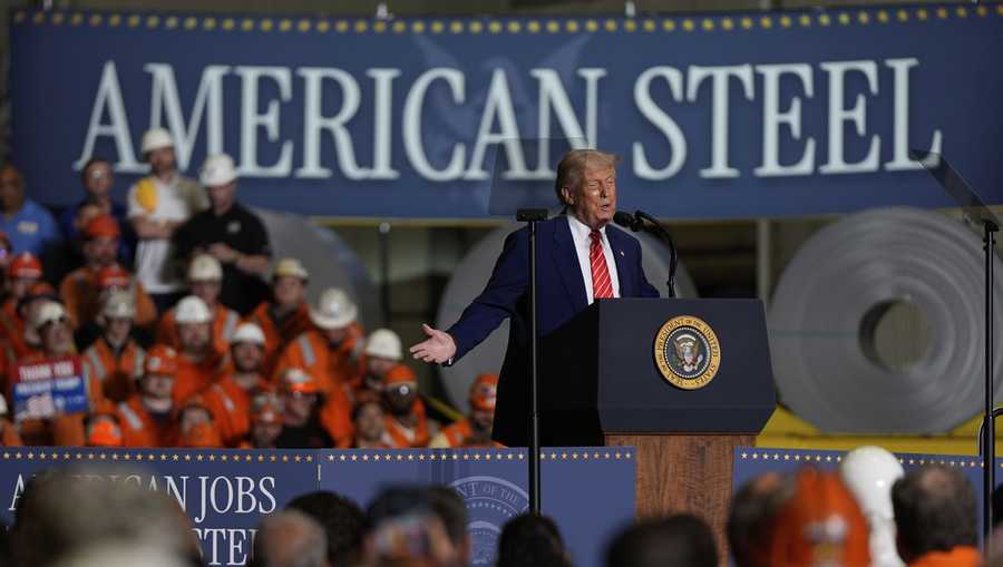 President Donald Trump speaks at U.S. Steel Corporation&apos;s Mon Valley Works-Irvin plant, Friday, May 30, 2025, in West Mifflin, Pa. (AP Photo/Julia Demaree Nikhinson)
