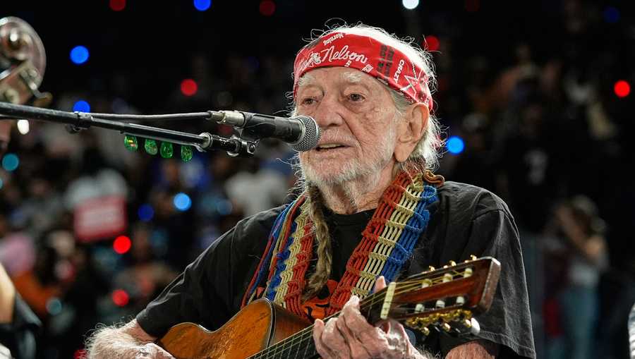 FILE - Musician Willie Nelson performing ahead of event for Democratic presidential nominee Vice President Kamala Harris at a rally in Houston, Friday, Oct. 25, 2024. (AP Photo/Susan Walsh, File)