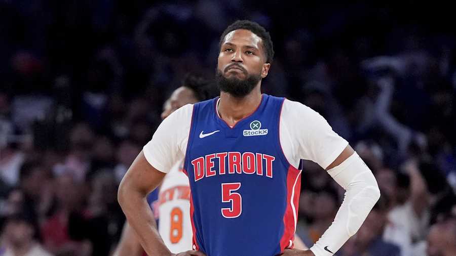 FILE - Detroit Pistons guard Malik Beasley reacts during the second half of Game 1 in an NBA basketball first-round playoff series against the New York Knicks, April 19, 2025, in New York. (AP Photo/Julia Demaree Nikhinson, file)