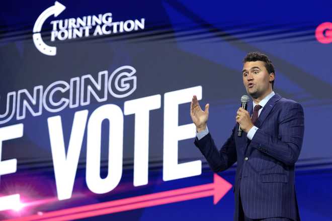 FILE - Charlie Kirk, founder of Turning Point USA speaks during the Turning Point Action conference, July 15, 2023, in West Palm Beach, Fla. (AP Photo/Lynne Sladky, File)