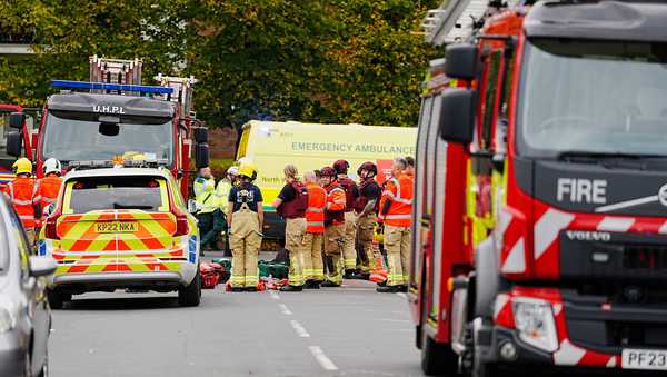 Emergency services at the scene of a stabbing at Heaton Park Hebrew Congregation synagogue, in Crumpsall, Manchester, England, Thursday Oct. 2, 2025.