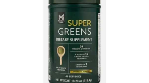 This image provided by the U.S. Food and Drug Administration on Friday, Oct. 31, 2025, shows packaging for the Member's Mark Super Greens Powder Supplement sold at Sam's Club stores. (FDA via AP)