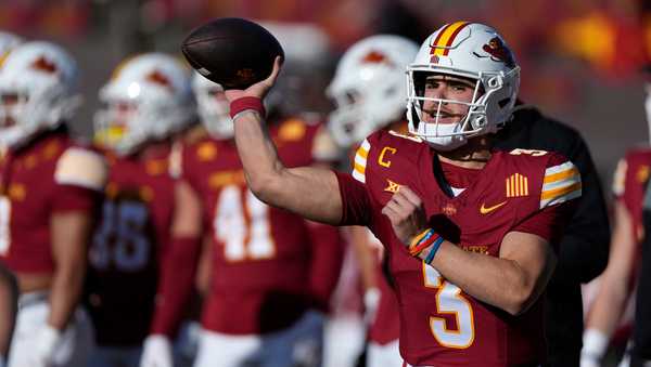 Iowa State quarterback Rocco Becht (3) warms up before a NCAA college football game against Kansas, Saturday, Nov. 22, 2025, in Ames, Iowa. (AP Photo/Matthew Putney)