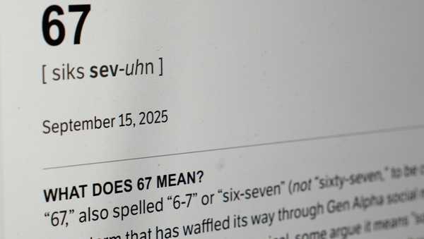 FILE - This Dictionary.com page shows the newest word of the year "6-7" on a computer screen, Thursday, Oct. 30, 2025, in Chicago. (AP Photo/Kiichiro Sato, File)