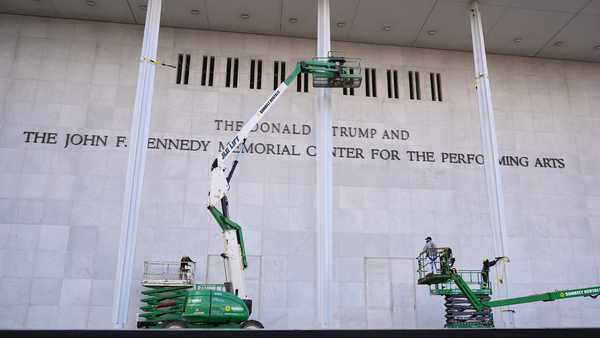 New signage, The Donald J. Trump and The John F. Kennedy Memorial Center for the Performing Arts, is unveiled on the Kennedy Center, Friday, Dec. 19, 2025, in Washington. (AP Photo/Jacquelyn Martin)