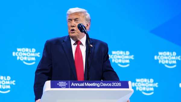 President Donald Trump addresses the audience during the Annual Meeting of the World Economic Forum in Davos, Switzerland, Wednesday, Jan. 21, 2026. (AP Photo/Evan Vucci)