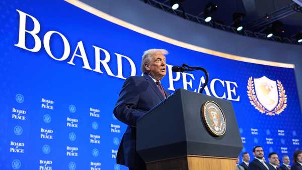President Donald Trump speaks during a Board of Peace charter announcement during the Annual Meeting of the World Economic Forum in Davos, Switzerland, Thursday, Jan. 22, 2026.