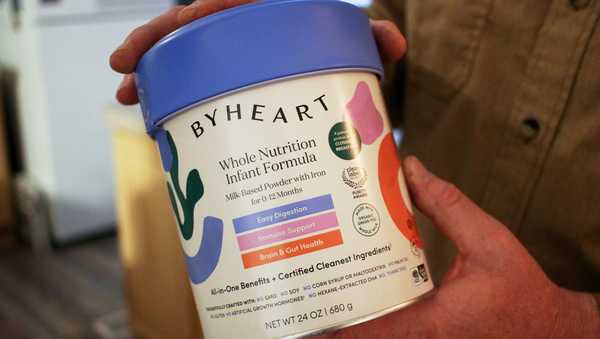 FILE - A container of ByHeart baby formula, which was recently recalled by ByHeart, in Flagstaff, Ariz., on Wednesday, Nov. 12, 2025. (AP Photo/Cheyanne Mumphrey, File)