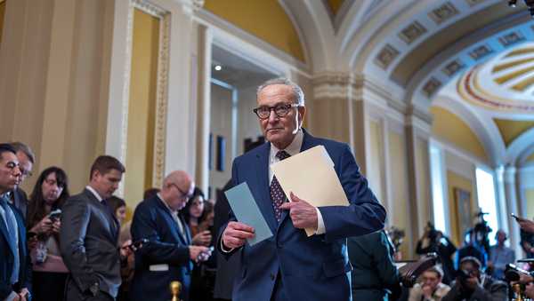 Senate Minority Leader Chuck Schumer, D-N.Y., waits to speak to reporters following a closed-door meeting with fellow Democrats at the Capitol in Washington, Wednesday, Jan. 28, 2026.