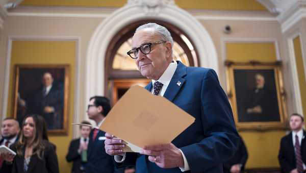 FILE—Senate Minority Leader Chuck Schumer, D-N.Y., waits to speak to reporters following a closed-door meeting with fellow Democrats on spending legislation that funds the Department of Homeland Security and a swath of other government agencies as the country reels from the deaths of two people at the hands of federal agents in Minneapolis, at the Capitol in Washington, Wednesday, Jan. 28, 2026. (AP Photo/J. Scott Applewhite, File)