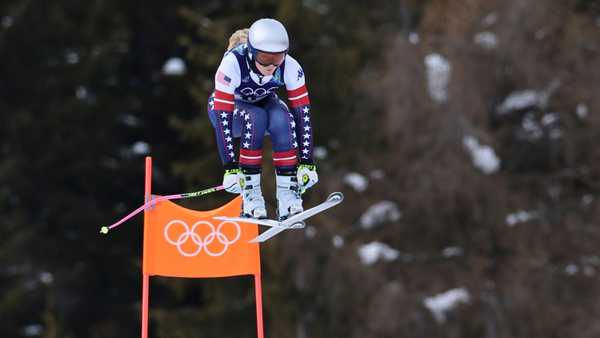 United States' Lindsey Vonn speeds down the course during an alpine ski, women's downhill official training, at the 2026 Winter Olympics, in Cortina d'Ampezzo, Italy, Friday, Feb. 6, 2026. (AP Photo/Marco Trovati)