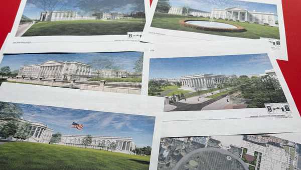 Artist renderings and diagrams of the new White House East Wing and Ballroom, briefly posted on the National Capital Planning Commission's website ahead of a March 5, hearing, are photographed Tuesday, Feb. 17, 2026.