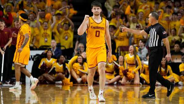 Iowa State guard Nate Heise celebrates at the end of an NCAA college basketball game against Houston, Monday, Feb. 16, 2026, in Ames, Iowa. (AP Photo/Charlie Neibergall)
