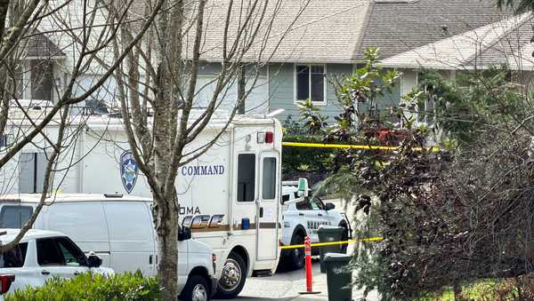 Authorities investigate the scene after reports that a person fatally stabbed multiple people on Tuesday, Feb. 24, 2026, in Gig Harbor, Wash.