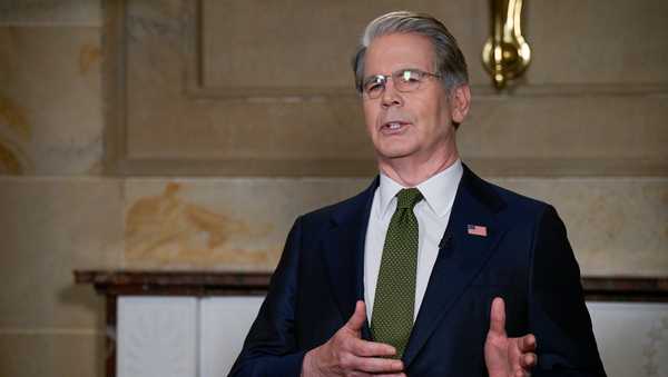 Secretary of the Treasury Scott Bessent speaks during an interview following President Donald Trump's State of the Union address to a joint session of Congress in the House chamber at the U.S. Capitol in Washington, Tuesday, Feb. 24, 2026. (AP Photo/Rod Lamkey, Jr.)