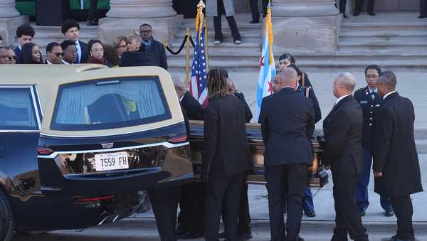 The casket with Reverend Jesse Jackson arrives before a public visitation at Rainbow/PUSH Coalition in Chicago, Thursday, Feb. 26, 2026. (AP Photo/Nam Y. Huh)