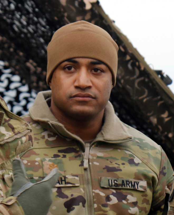 This photo provided by the U.S. Army shows Maj. Brandon Shah, Friday, Jan. 14, 2020, in Illesheim, Germany. (Pfc. Savannah Roy/U.S. Army/DVIDS via AP)