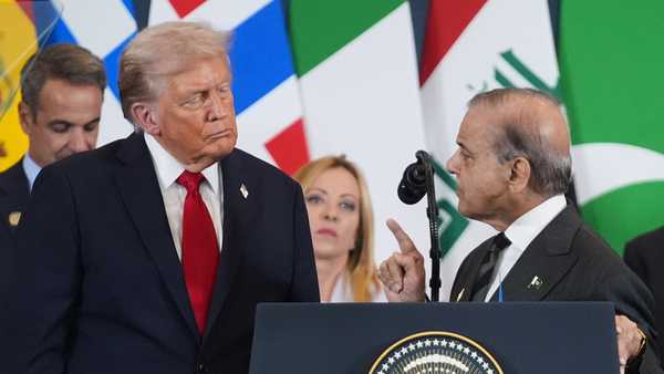 FILE - President Donald Trump, left, listens as Pakistan's Prime Minister Shehbaz Sharif speaks during a summit to support ending the more than two-year Israel-Hamas war in Gaza after a breakthrough ceasefire deal, on Oct. 13, 2025, in Sharm El Sheikh, Egypt.