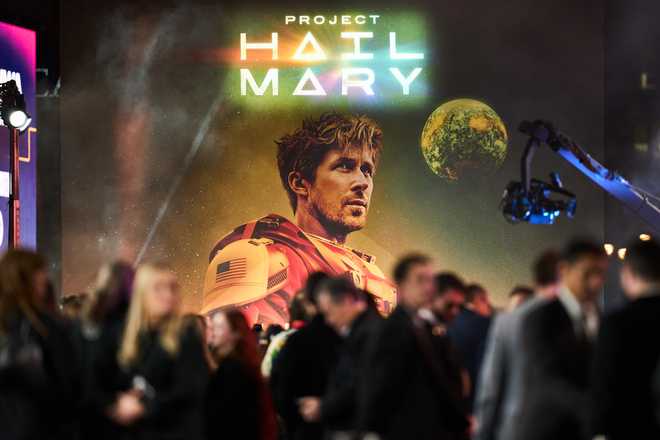 Signage upon arrival at the World premiere of the film 'Project Hail Mary' on Monday, March 9, 2026, in London. (Photo by Scott A Garfitt/Invision/AP)