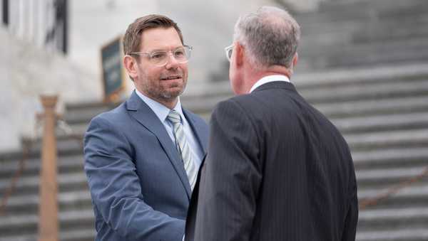 Rep. Eric Swalwell, D-Calif., departs following votes at the Capitol, Thursday, March 5, 2026, in Washington. (AP Photo/Allison Robbert)