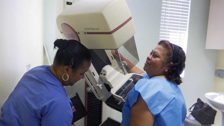 FILE -  In this May 6, 2010 file photo, detection lead mammographer, Toborcia Bedgood, left, prepares a screen-film mammography test for patient Alicia Maldonado, at The Elizabeth Center for Cancer Detection in Los Angeles. A new, international panel of experts has studied the most recent evidence on mammograms to screen for breast cancer and says they do the most good for women in their 50s and 60s. Women 70 to 74 also benefit to a lesser extent. But evidence that screening helps women in their 40s is "limited," the panel said, although some members disagreed this was true for women 45 to 49. (AP Photo/Damian Dovarganes, File)