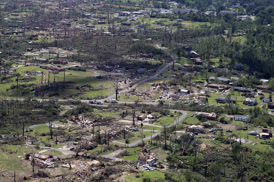 April 27 2011 Pleasant Grove Tornado Alabama tornadoes This is an aerial view of tornado damage spread over a half-mile wide path in Pleasant Grove, Ala., Thursday, April 28, 2011. (AP Photo/Dave Martin)