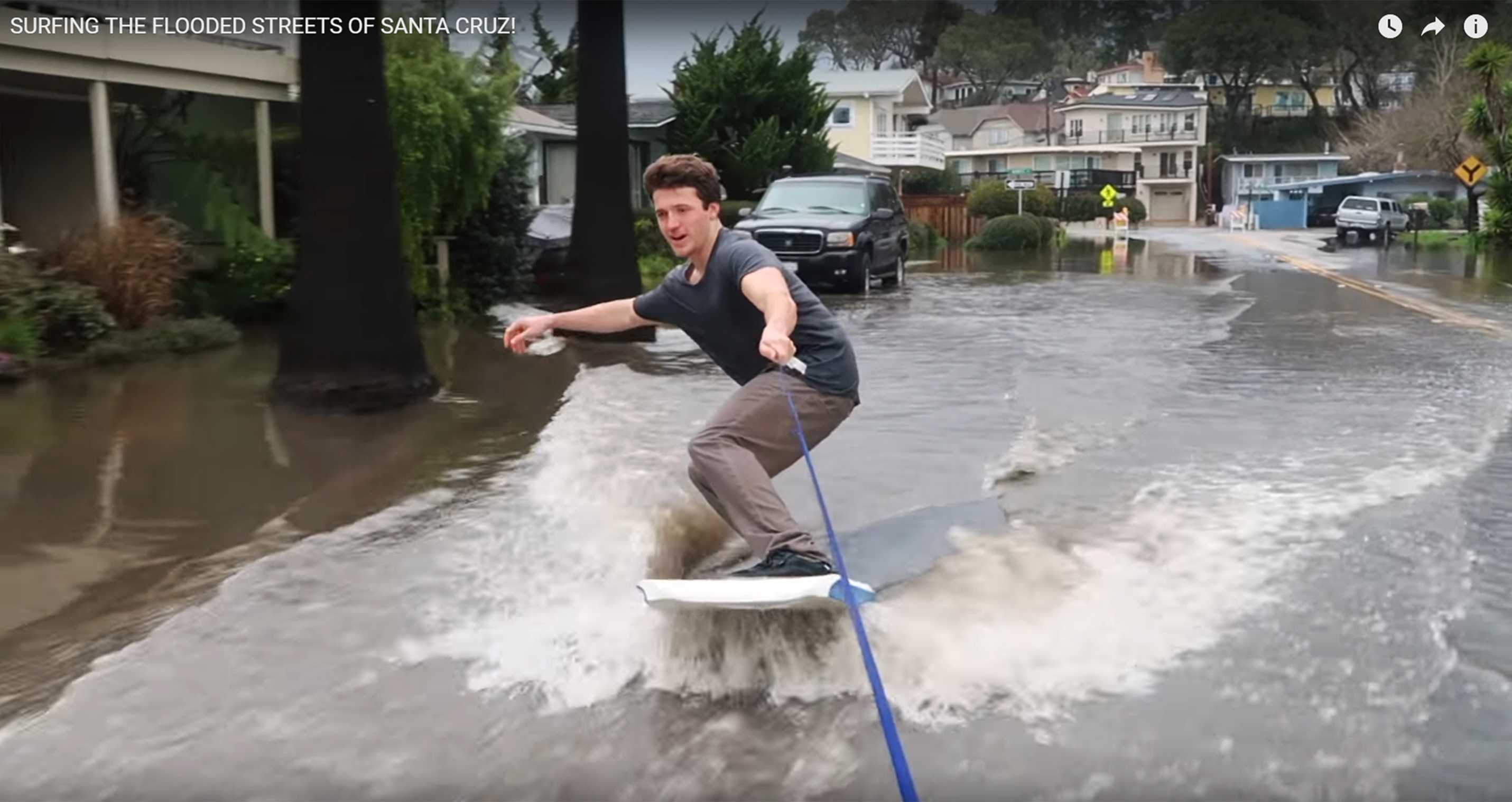 Santa Cruz vlogger and friends wake surf flooded Aptos streets