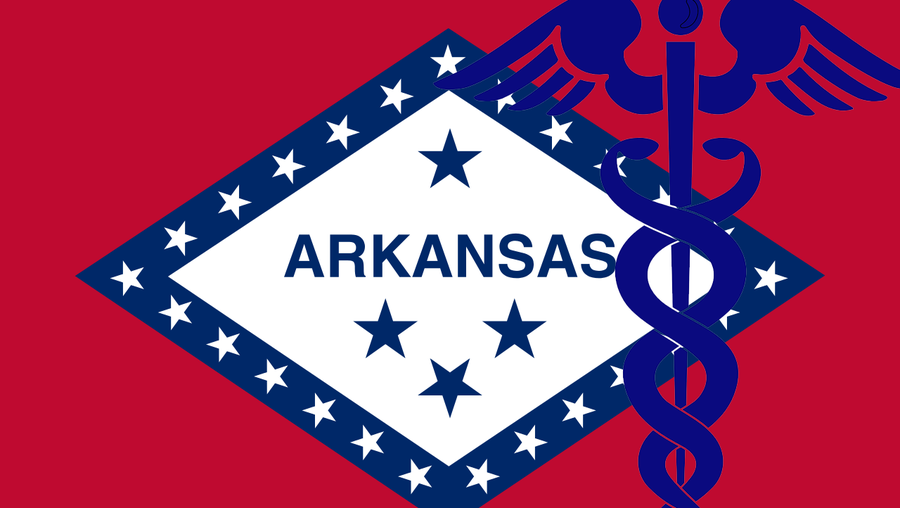 Image of the Arkansas flag with the caduceus symbol