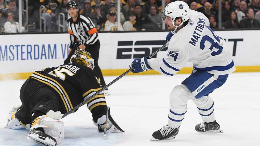Auston Matthews (#34) of the Toronto Maple Leafs scores a third-period goal against Linus Ullmark of the Boston Bruins in Game Two of the First Round of the 2024 Stanley Cup Playoffs at the TD Garden on April 22, 2024 in Boston, Massachusetts.