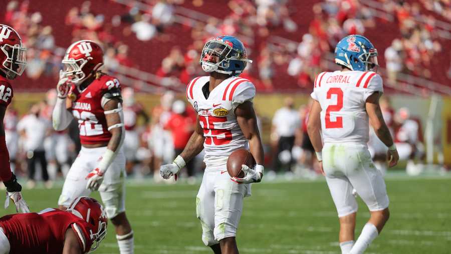 Ole Miss running back Henry Parrish reacts to a positive gain in the Outback Bowl