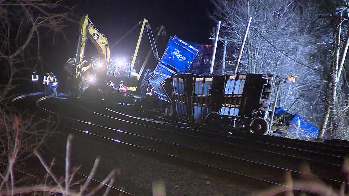 Train Fall Improper Loading Crews working to upright freight train after derailment