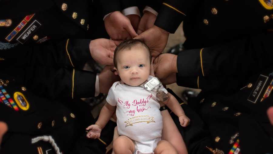 Daughter of SPC Christopher M Harris, KIA August 2, 2017, held lovingly in her mother’s arms and supported by members of the 82nd Airborne.