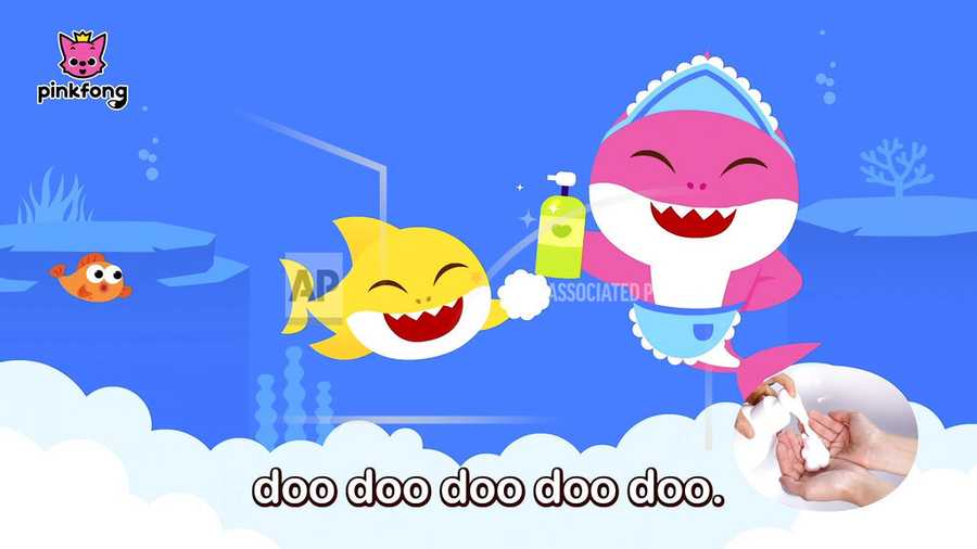 This image released by Pinkfong shows a scene from the modified "Baby Shark" video, reworked to teach kids good hygiene to combat COVID-19. The company has debuted the "Wash Your Hands With Baby Shark" video and now has started a dance challenge to encourage families to upload videos of their children washing hands to the song. 