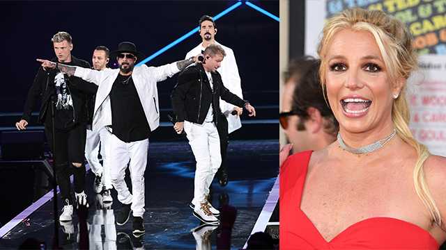 Backstreet Boys perform onstage during the 2019 iHeartRadio Music Festival at T-Mobile Arena on September 20, 2019 in Las Vegas. Right, Britney Spears arrives at the Sony Pictures' "Once Upon A Time...In Hollywood" Los Angeles premiere on July 22, 2019 in Hollywood, California. (Photos by Kevin Winter/Getty Images for iHeartMedia, left, and Steve Granitz/WireImage)