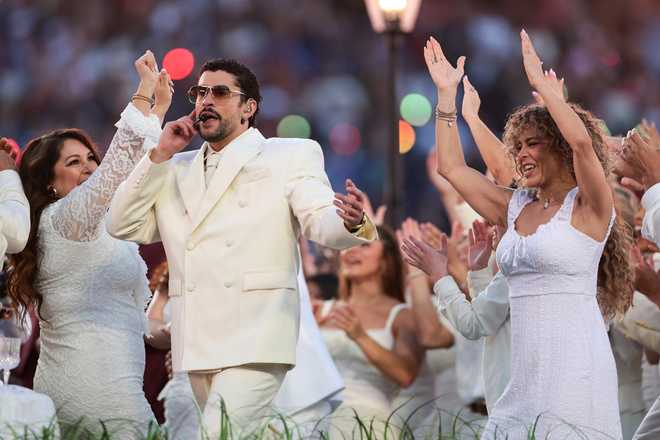 Bad Bunny performs during halftime of Super Bowl LX between the New England Patriots and the Seattle Seahawks at Levi's Stadium on February 08, 2026 in Santa Clara, California.