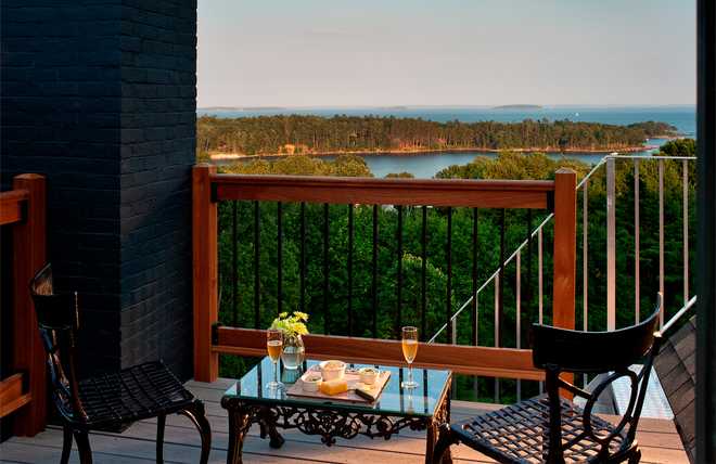 The&#x20;view&#x20;from&#x20;a&#x20;balcony&#x20;at&#x20;The&#x20;Norumbega&#x20;in&#x20;Camden,&#x20;Maine.
