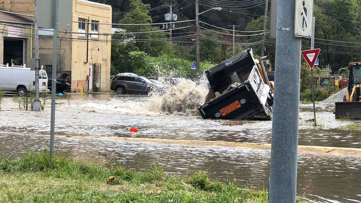 Water gushes into Baldwin and Glass Run roads after dump truck accident