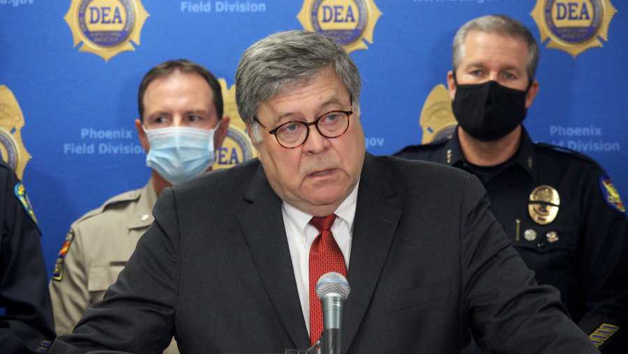 U.S. Attorney General William Barr speaks at a news conference, Thursday, Sept. 10, 2020, in Phoenix, where he announced results of a crackdown on international drug trafficking.