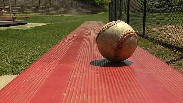 a baseball is shown by a field