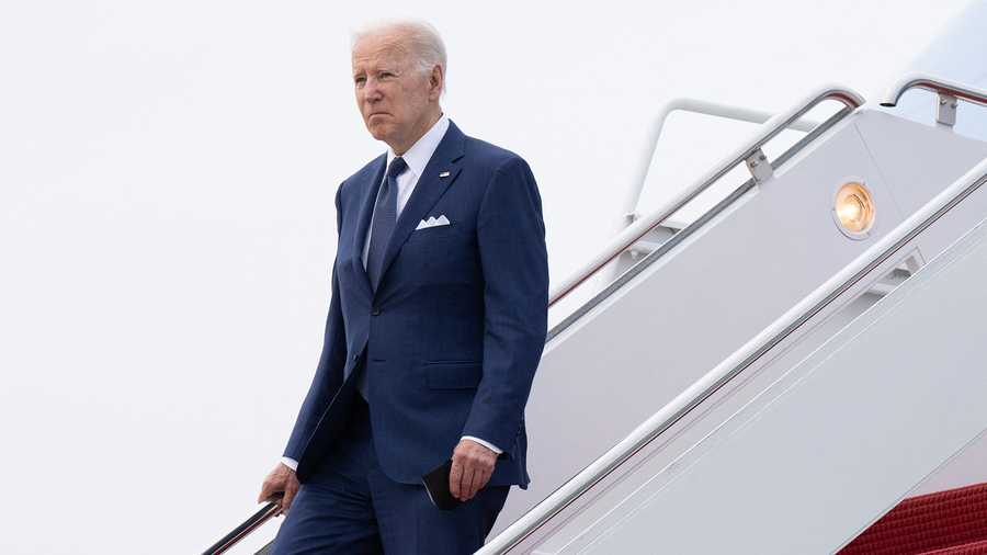 US President Joe Biden disembarks from Air Force One upon arrival at Joint Base Andrews in Maryland, May 24, 2022, after returning from South Korea and Japan, his first trip to Asia as President. (Photo by SAUL LOEB / AFP) (Photo by SAUL LOEB/AFP via Getty Images)