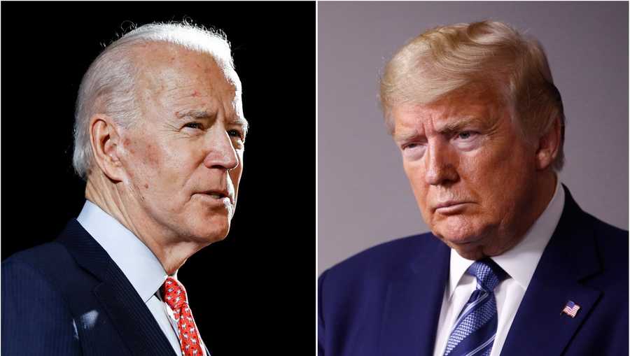 In this combination of file photos, former Vice President Joe Biden speaks in Wilmington, Del., on March 12, 2020, left, and President Donald Trump speaks at the White House in Washington on April 5, 2020.