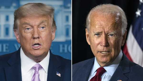 In this combination photo, president Donald Trump, left, speaks at a news conference on Aug. 11, 2020, in Washington and Democratic presidential candidate former Vice President Joe Biden speaks in Wilmington, Del. on Aug. 13, 2020.