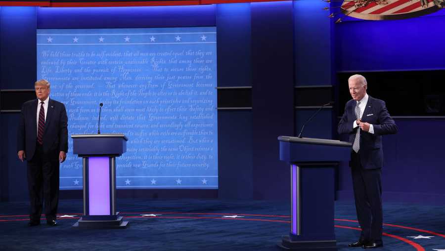 U.S. President Donald Trump and Democratic presidential nominee Joe Biden look out to the audience at end of the first presidential debate at the Health Education Campus of Case Western Reserve University on Sept. 29, 2020 in Cleveland, Ohio.